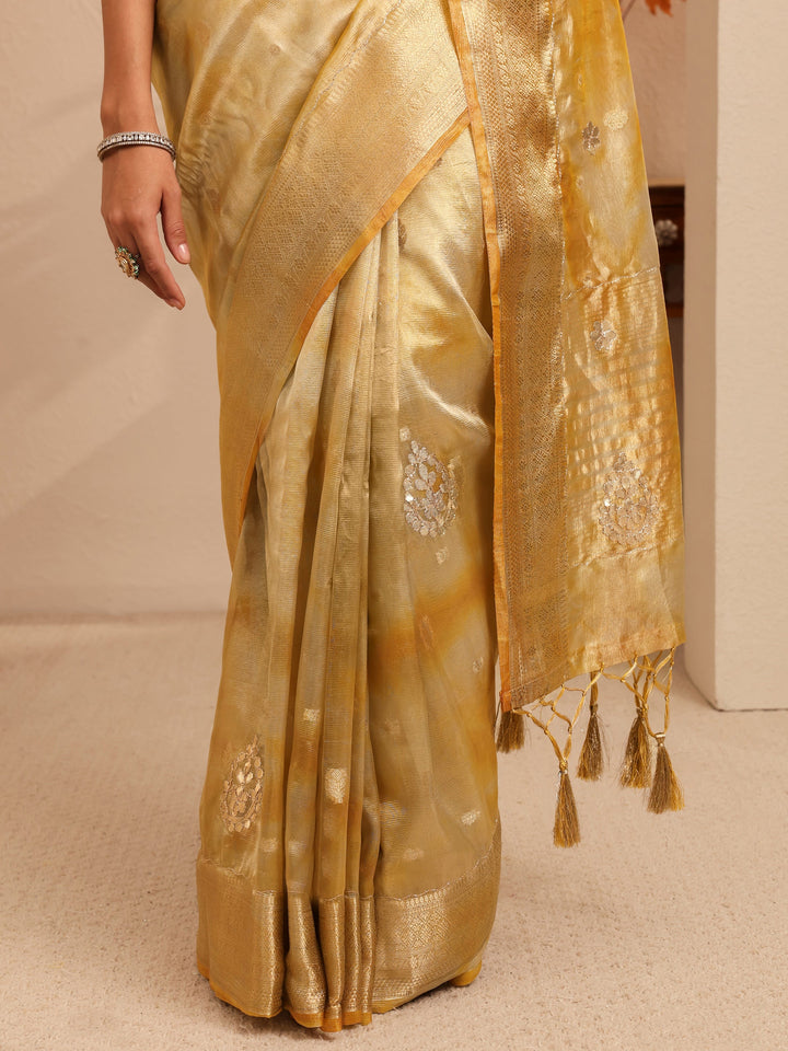 Libas Mustard Floral Woven Design Silk Blend Saree