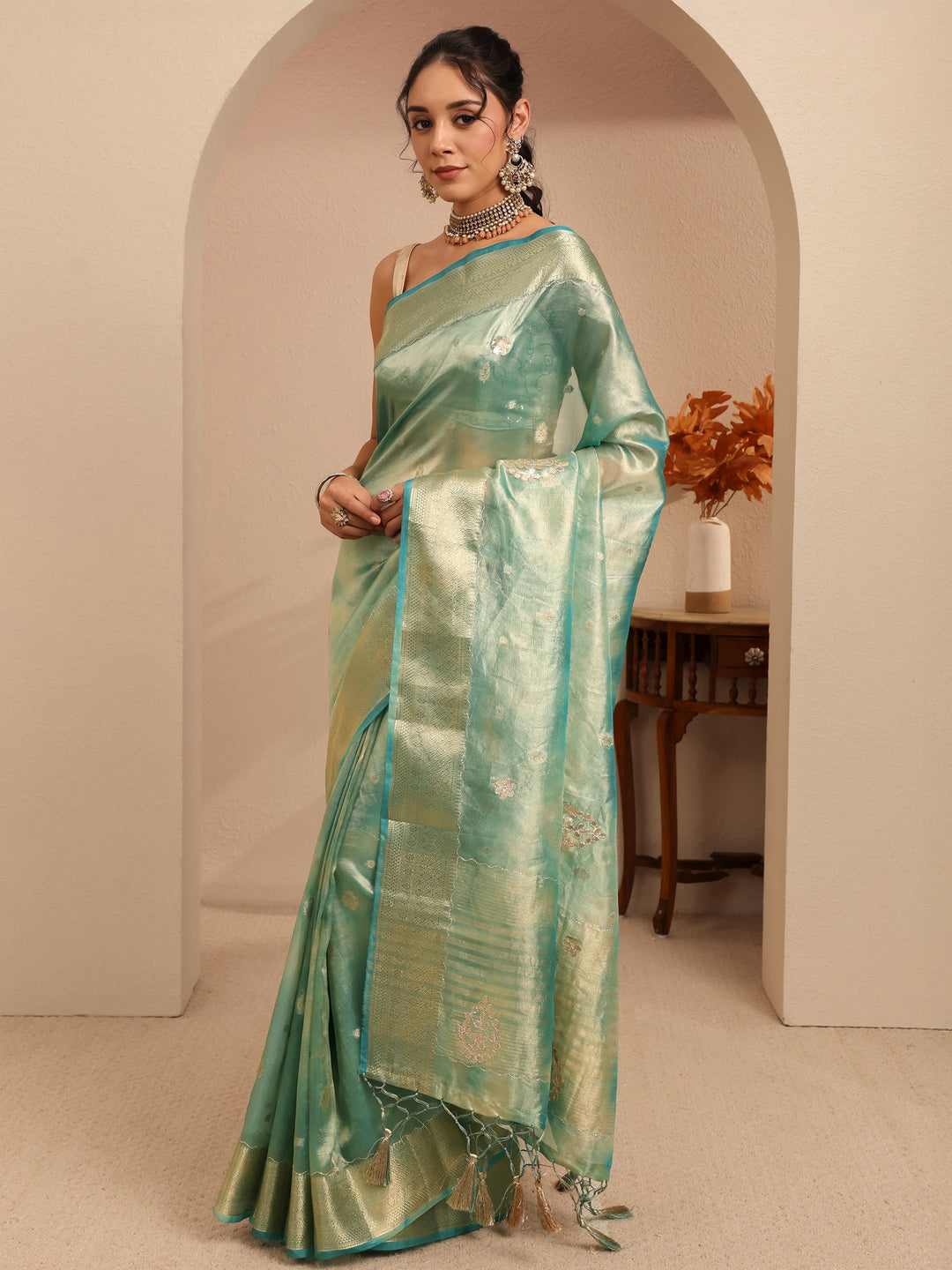 Libas Powder Blue Floral Woven Design Silk Blend Saree