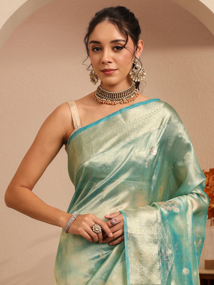 Libas Powder Blue Floral Woven Design Silk Blend Saree