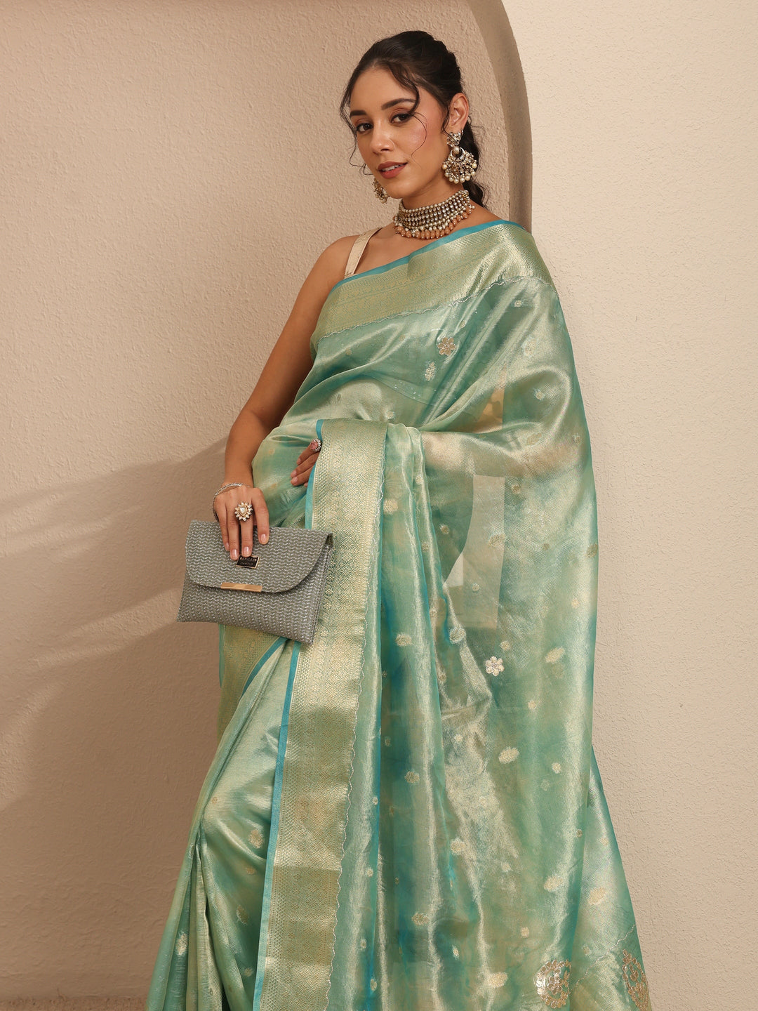 Libas Powder Blue Floral Woven Design Silk Blend Saree