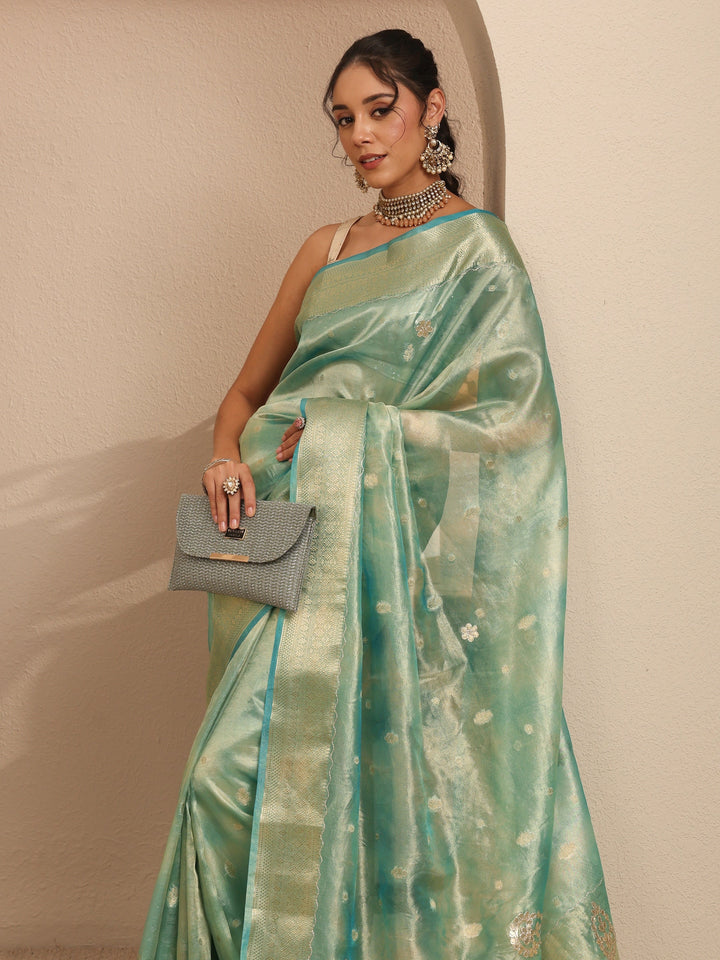 Libas Powder Blue Floral Woven Design Silk Blend Saree