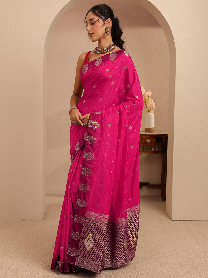 Libas Rani Pink Ethnic Woven Design Silk Blend Saree