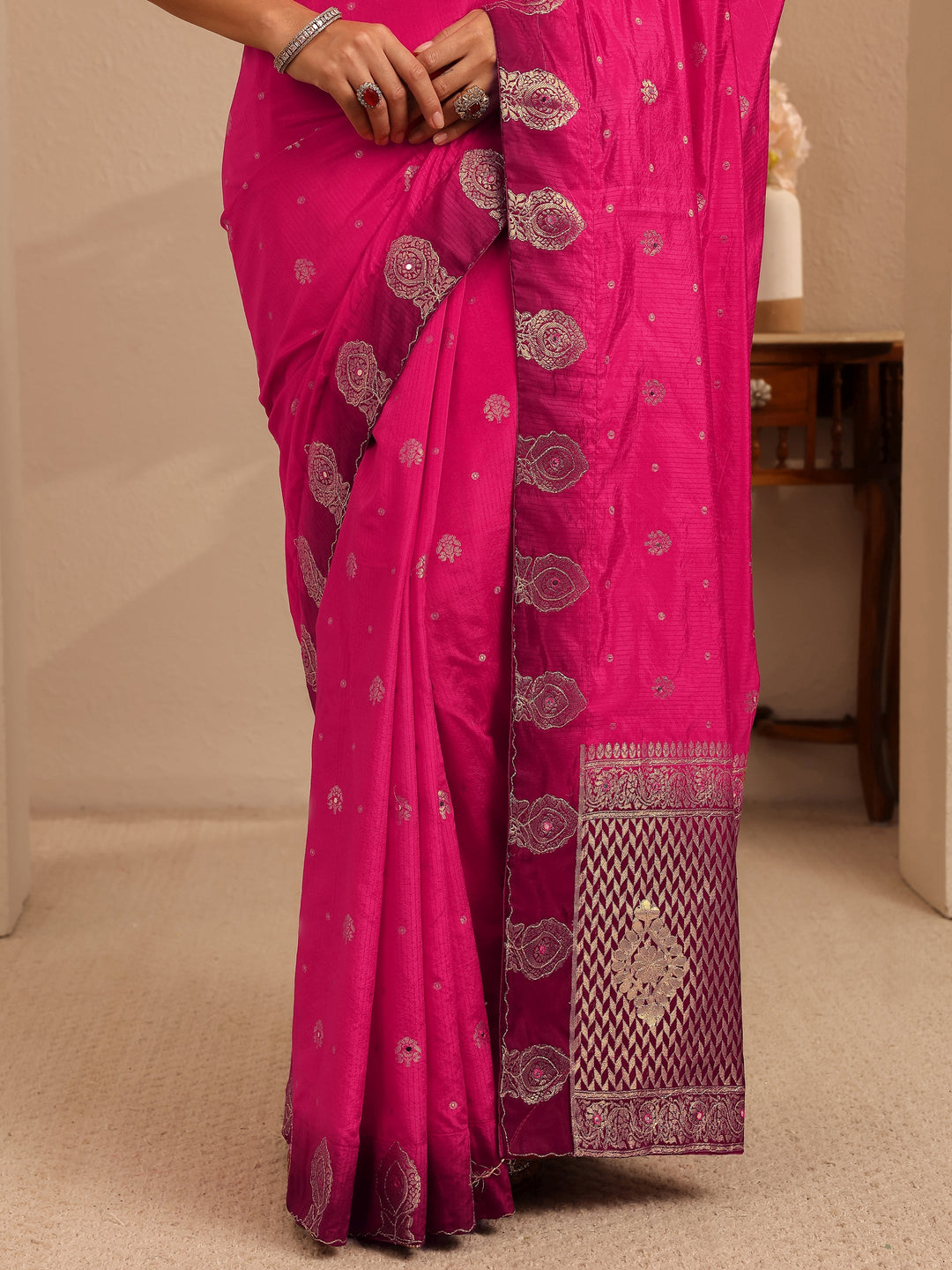 Libas Rani Pink Ethnic Woven Design Silk Blend Saree