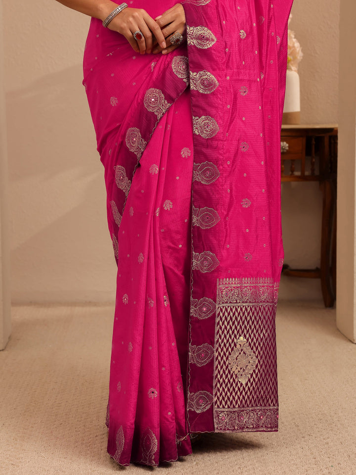 Libas Rani Pink Ethnic Woven Design Silk Blend Saree