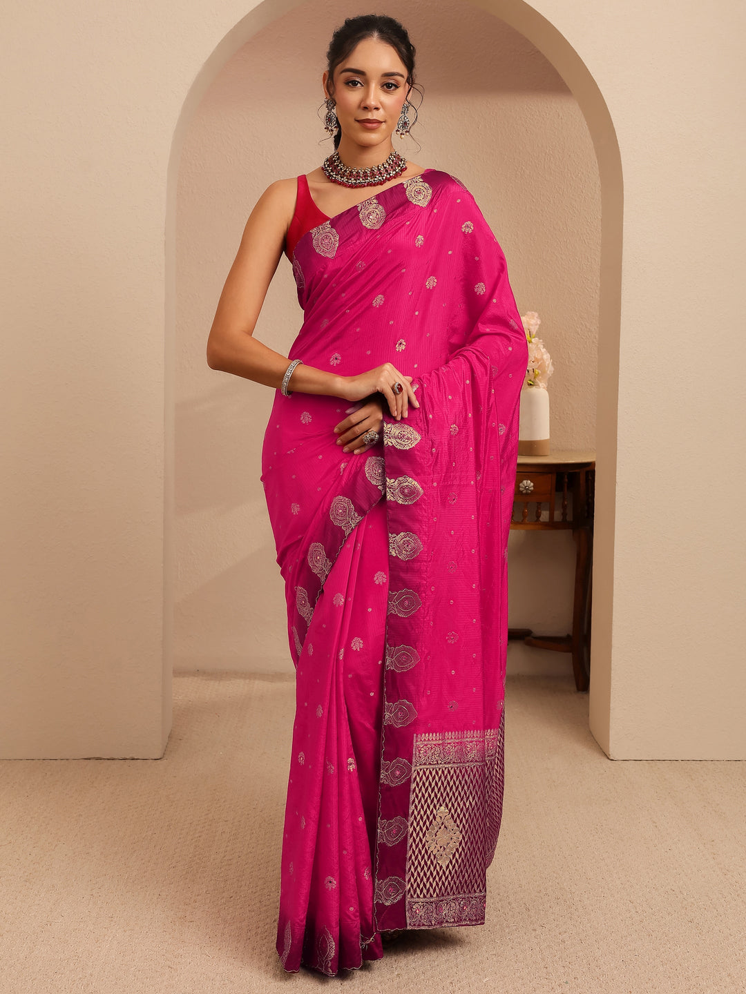 Libas Rani Pink Ethnic Woven Design Silk Blend Saree