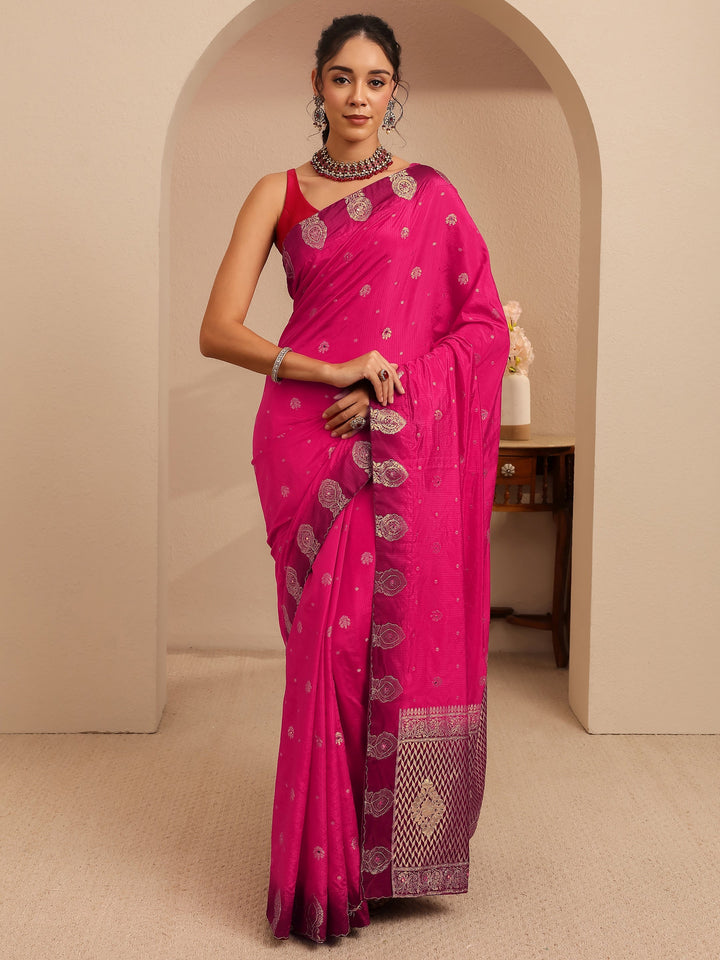 Libas Rani Pink Ethnic Woven Design Silk Blend Saree