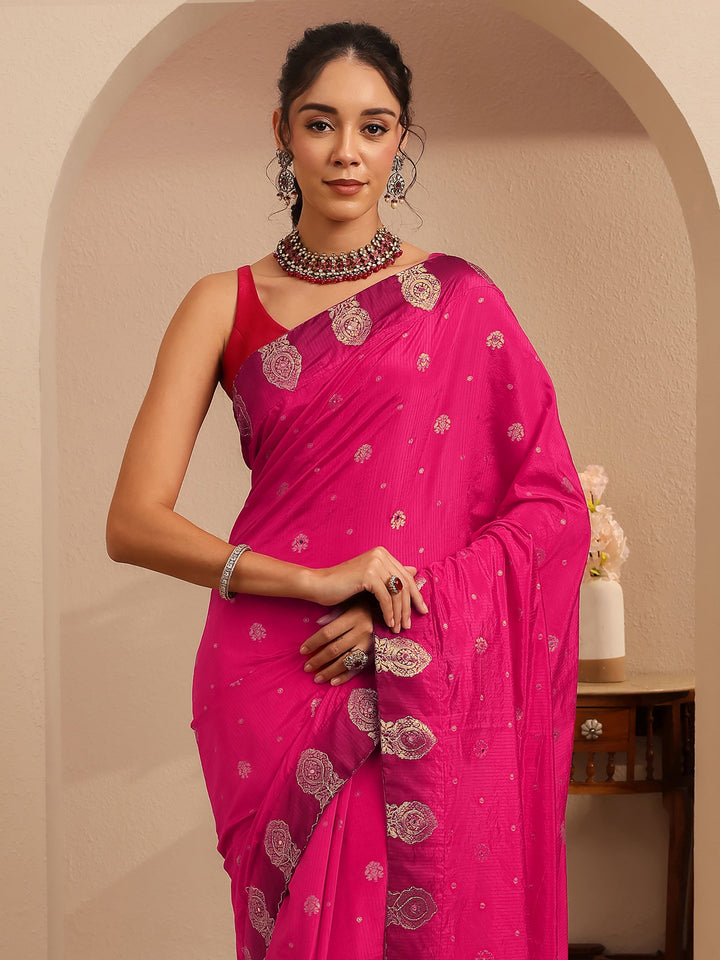 Libas Rani Pink Ethnic Woven Design Silk Blend Saree