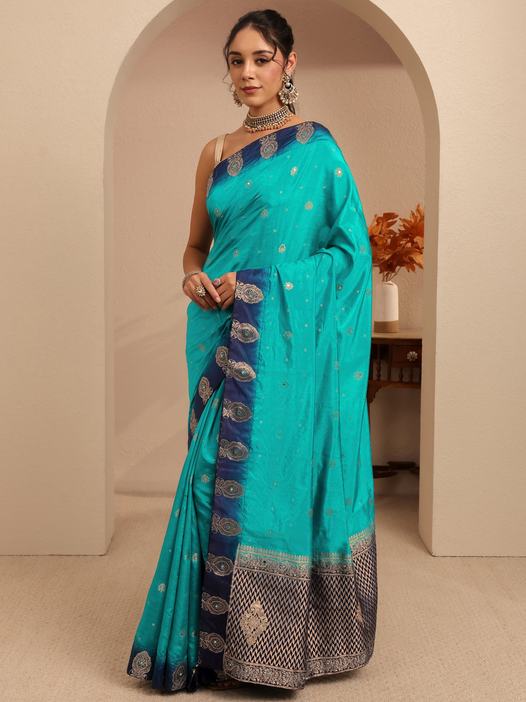 Libas Aqua Blue Ethnic Woven Design Silk Blend Saree