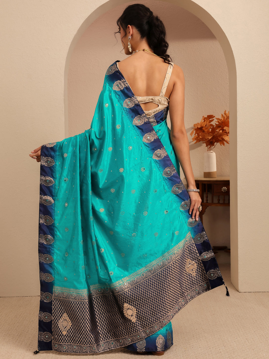 Libas Aqua Blue Ethnic Woven Design Silk Blend Saree