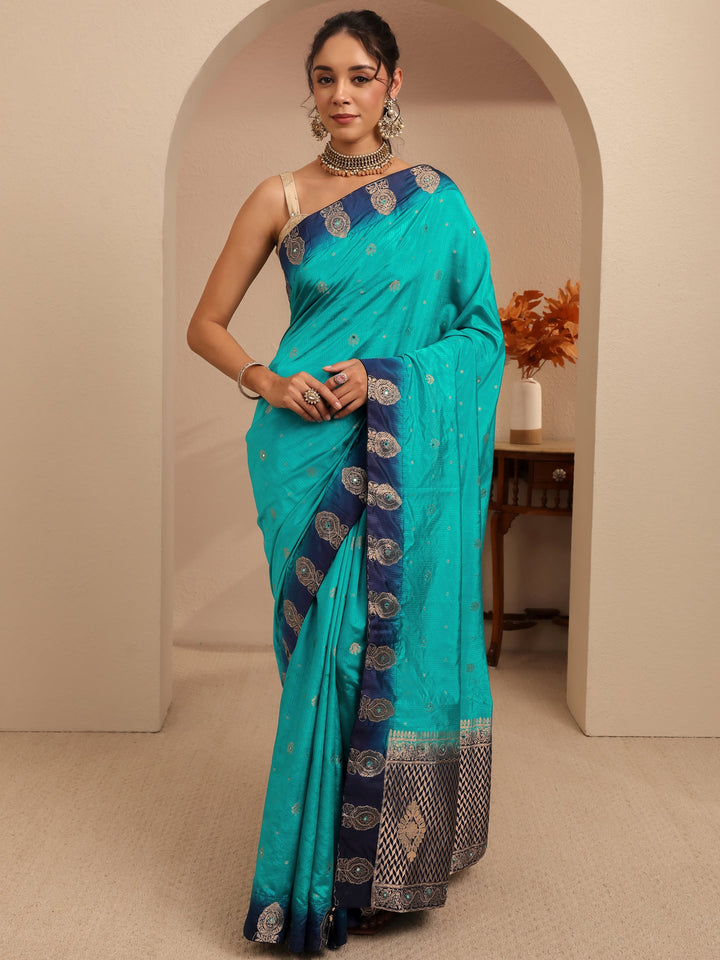 Libas Aqua Blue Ethnic Woven Design Silk Blend Saree