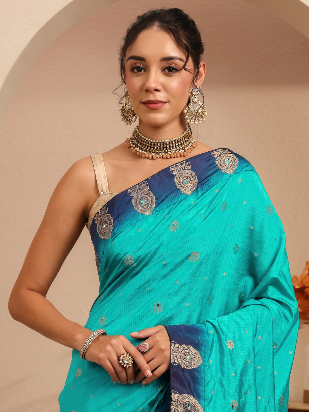 Libas Aqua Blue Ethnic Woven Design Silk Blend Saree