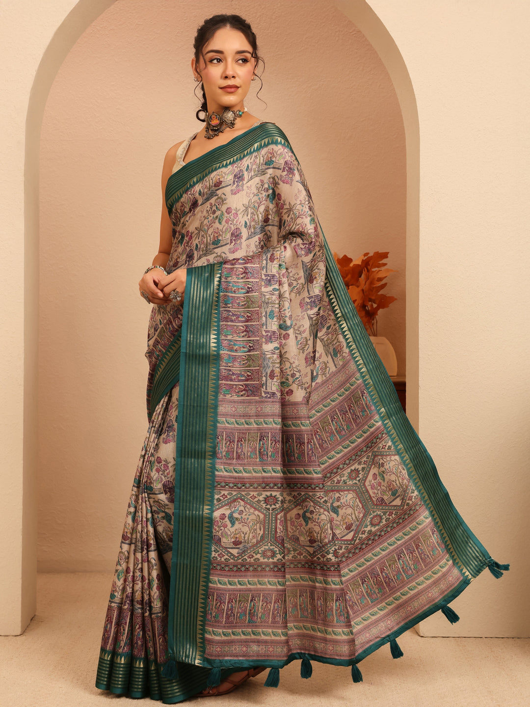 Libas Beige And Dark Green Mughal Print Silk Blend Saree
