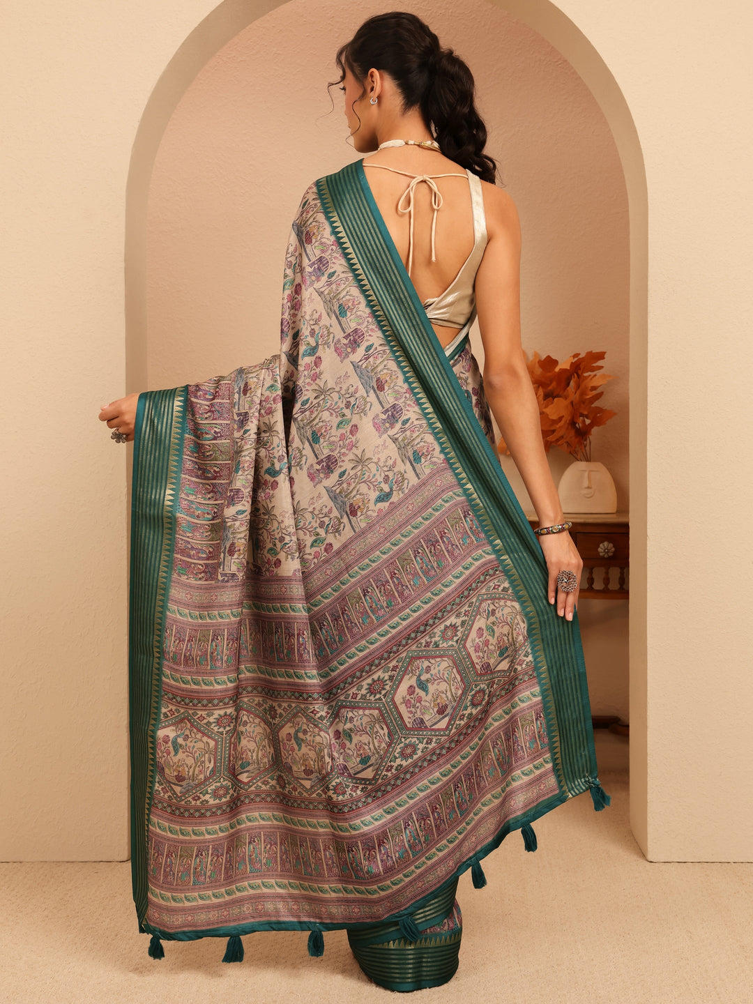 Libas Beige And Dark Green Mughal Print Silk Blend Saree