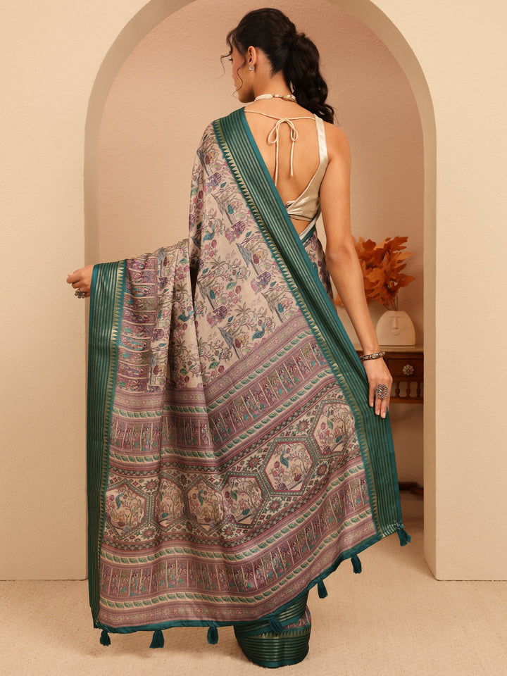 Libas Beige And Dark Green Mughal Print Silk Blend Saree