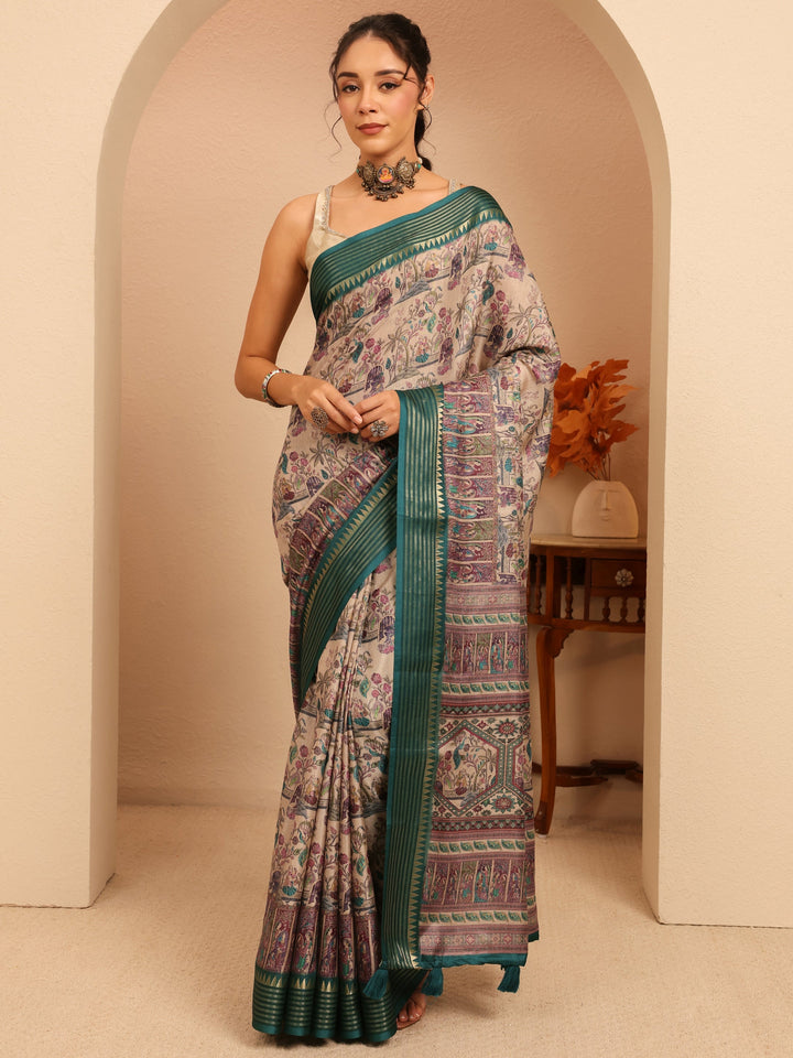 Libas Beige And Dark Green Mughal Print Silk Blend Saree