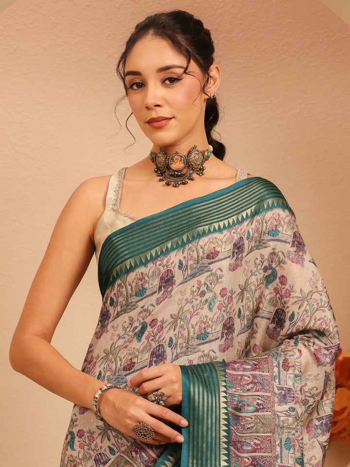 Libas Beige And Dark Green Mughal Print Silk Blend Saree