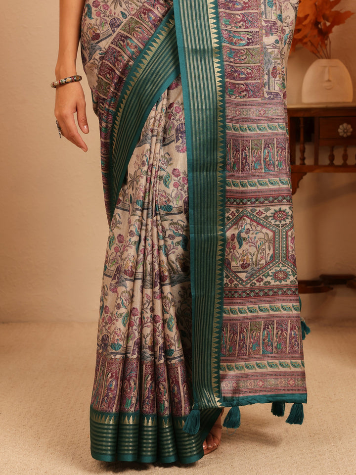 Libas Beige And Dark Green Mughal Print Silk Blend Saree