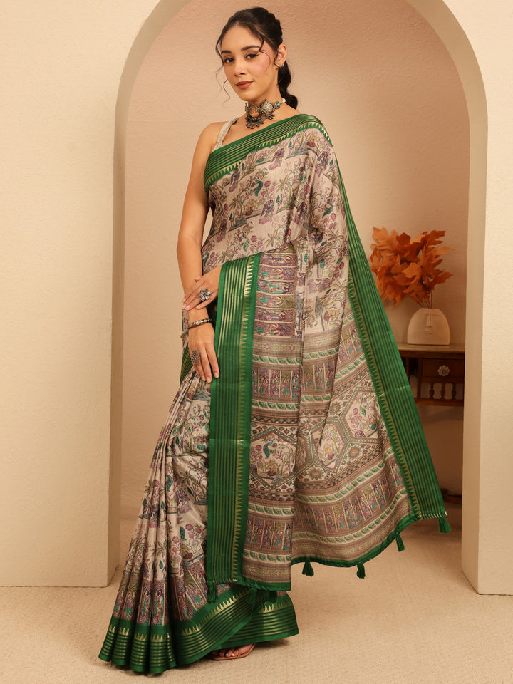 Libas Beige And Green Mughal Print Silk Blend Saree