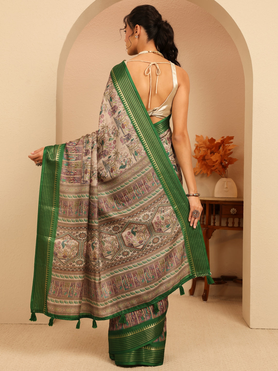 Libas Beige And Green Mughal Print Silk Blend Saree