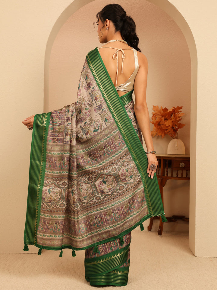 Libas Beige And Green Mughal Print Silk Blend Saree
