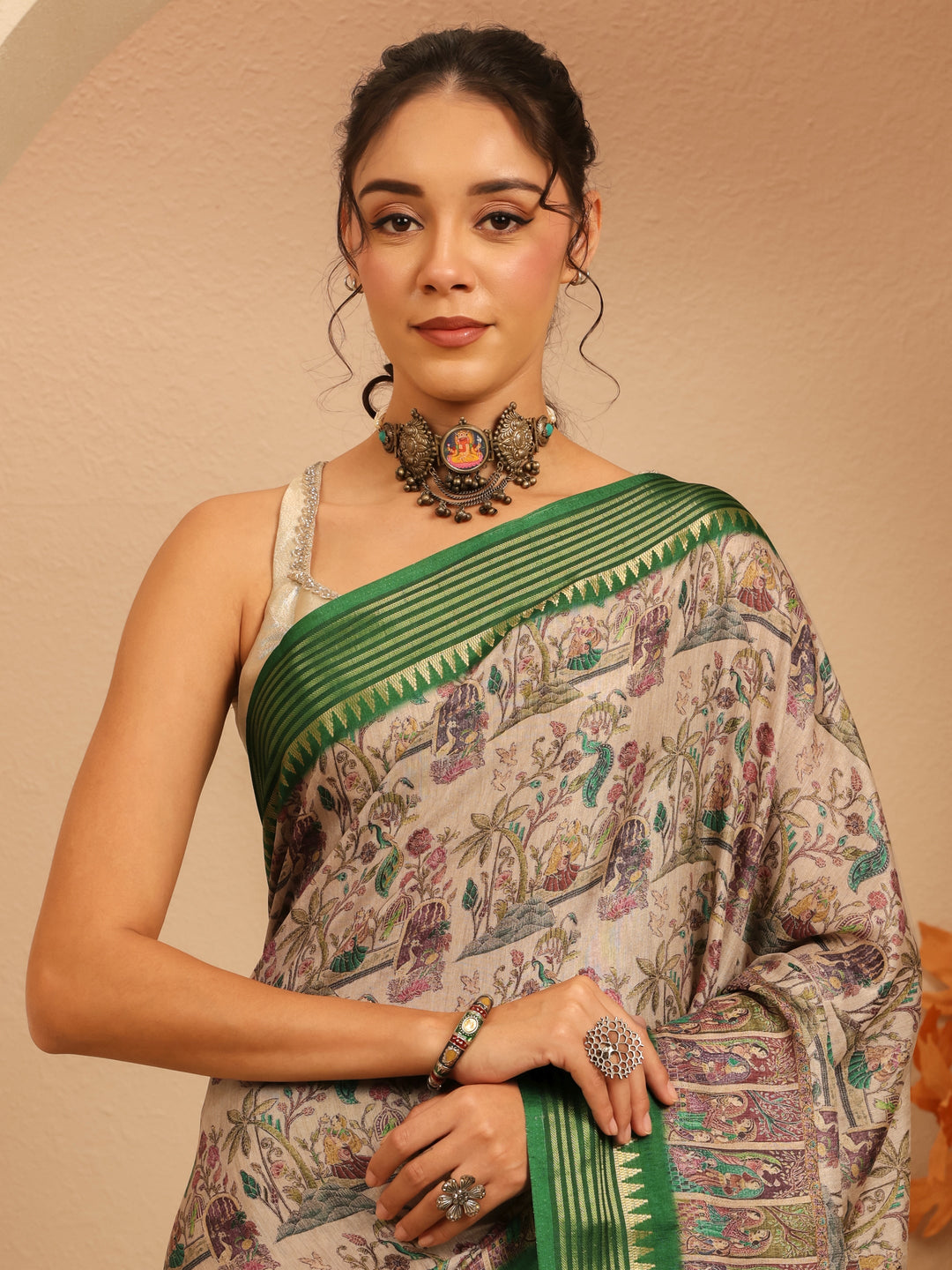Libas Beige And Green Mughal Print Silk Blend Saree