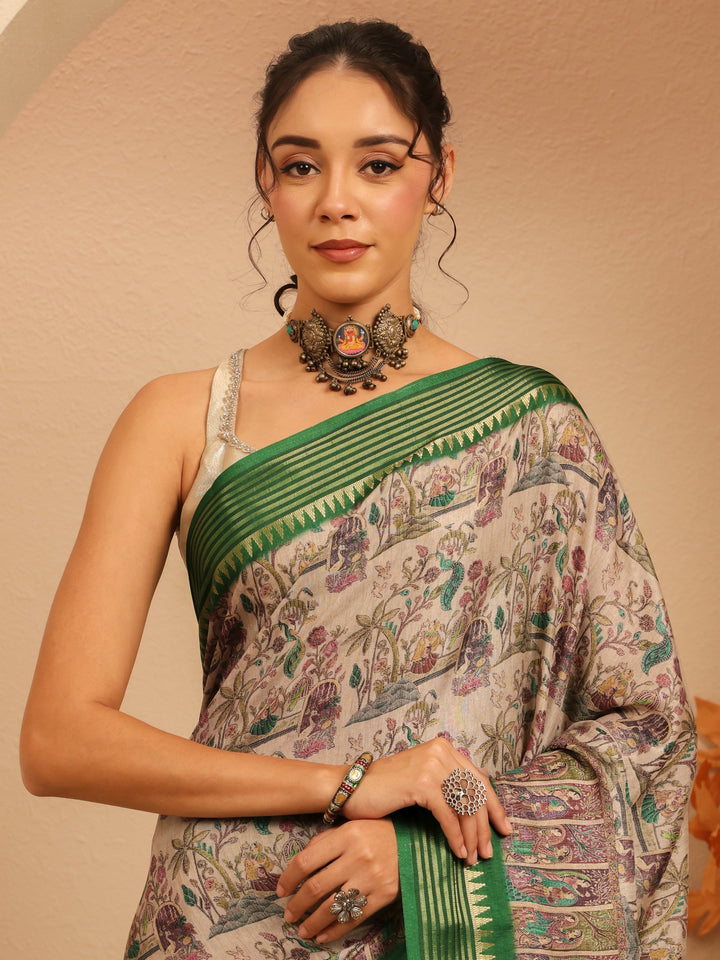 Libas Beige And Green Mughal Print Silk Blend Saree