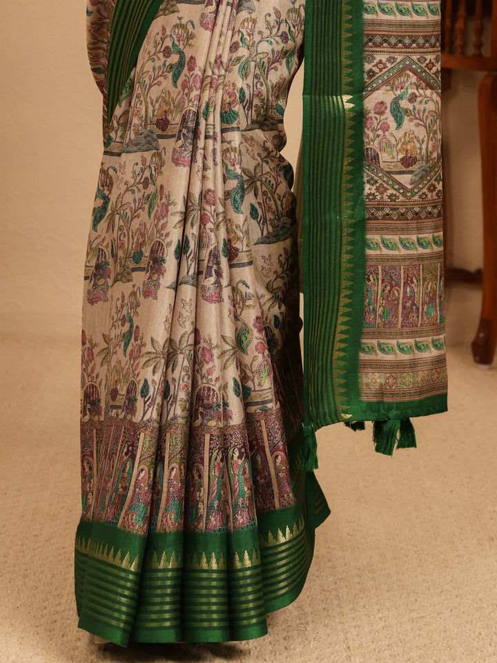 Libas Beige And Green Mughal Print Silk Blend Saree