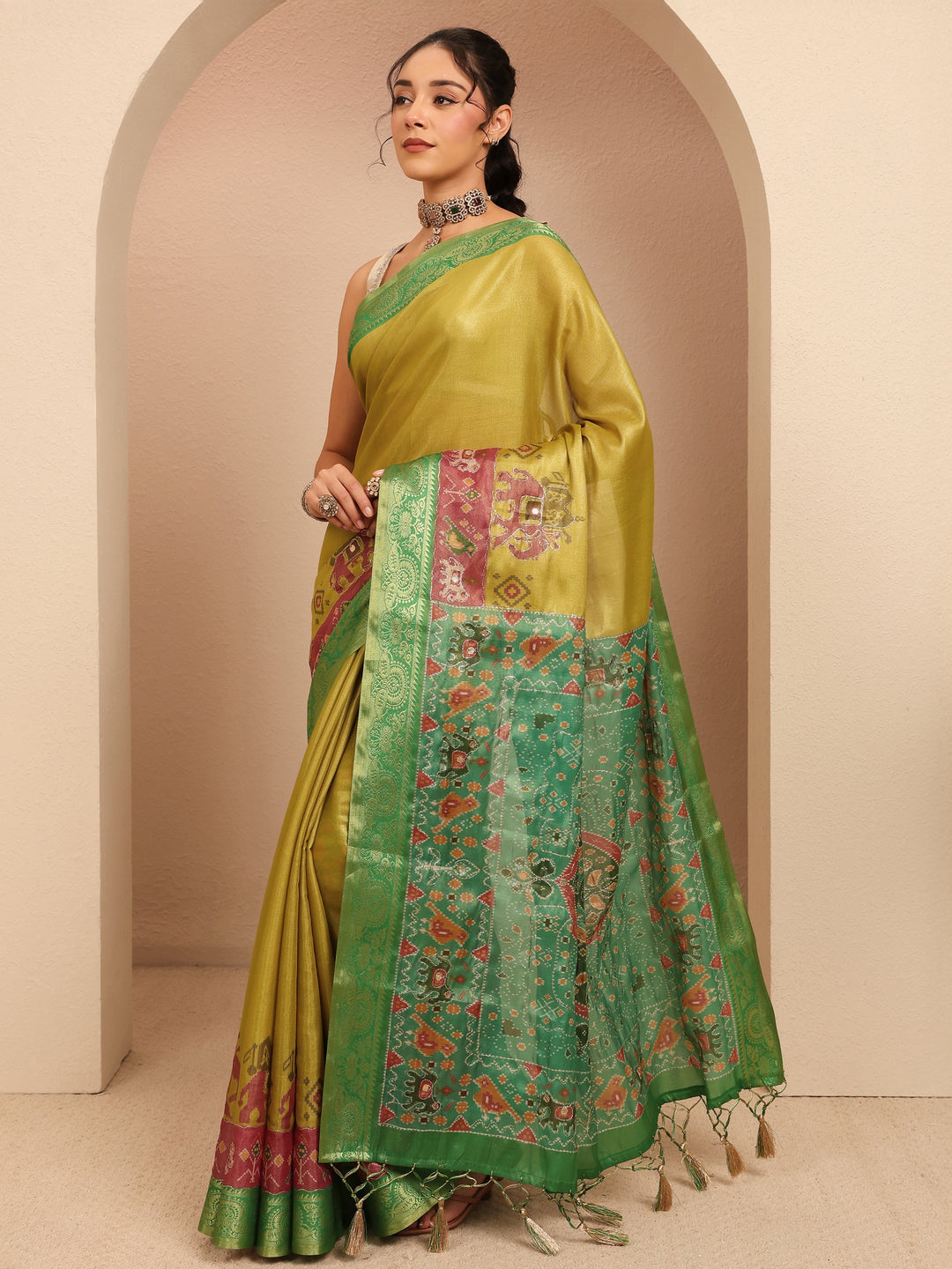 Libas Fern Green Patola Border Silk Blend Saree