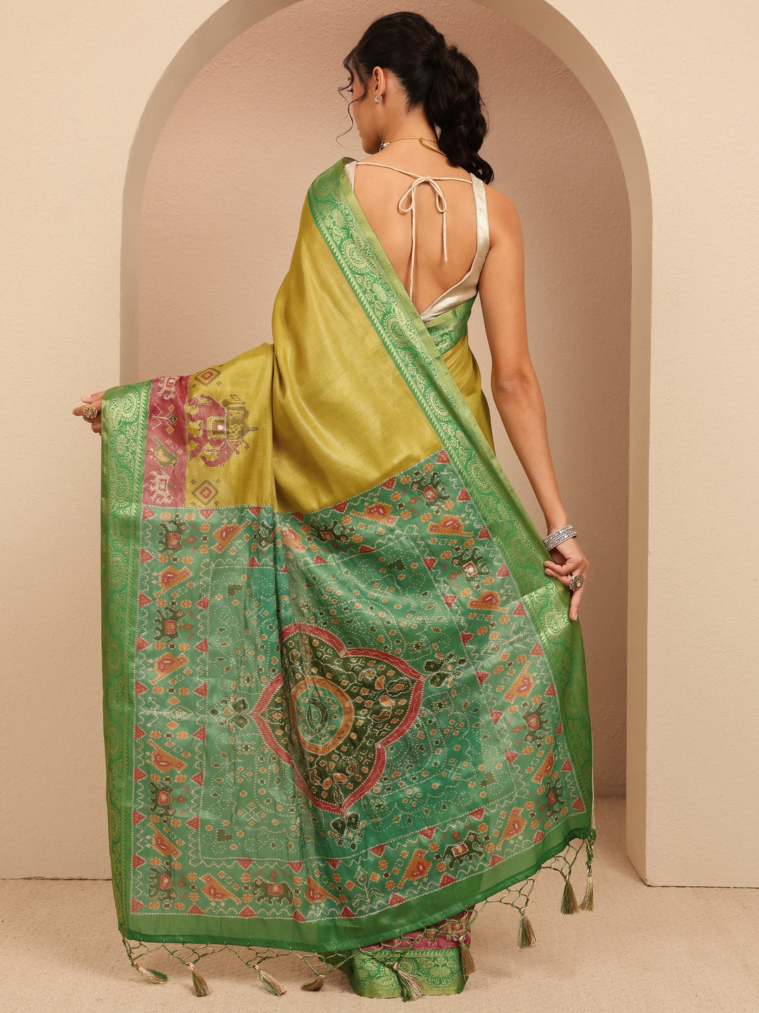 Libas Fern Green Patola Border Silk Blend Saree