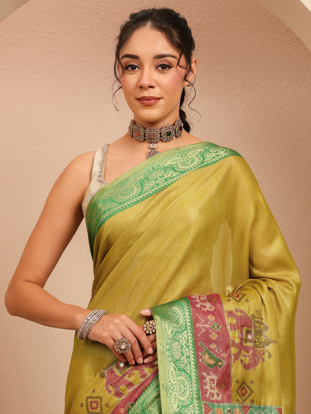 Libas Fern Green Patola Border Silk Blend Saree