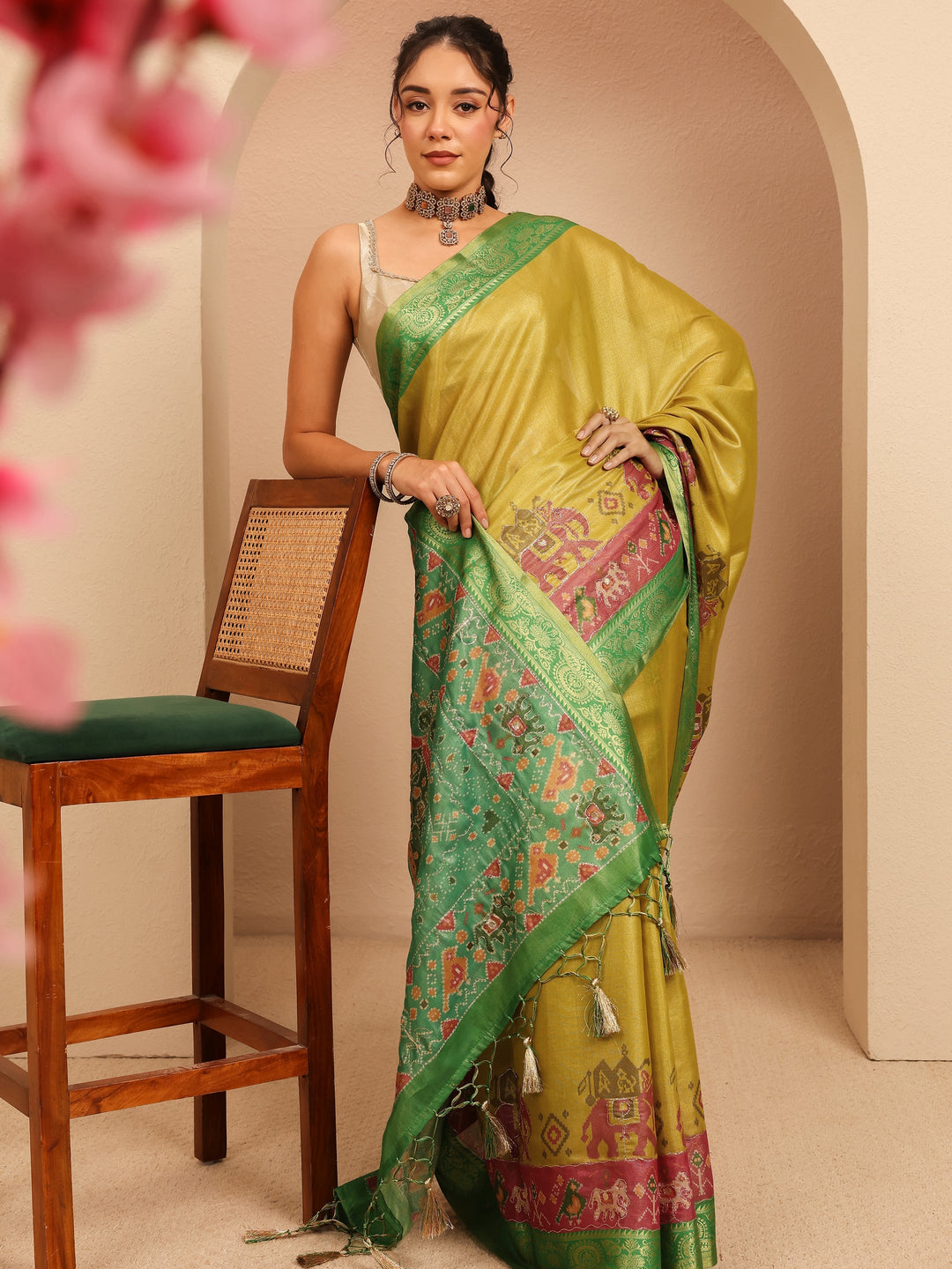 Libas Fern Green Patola Border Silk Blend Saree
