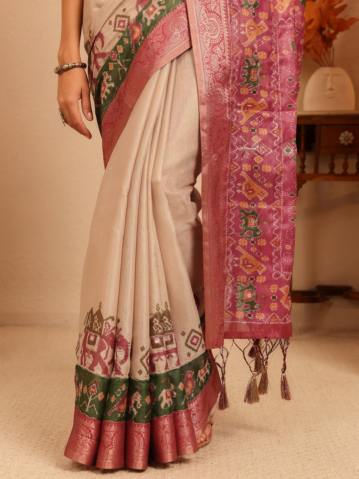 Libas Cream Patola Border Silk Blend Saree