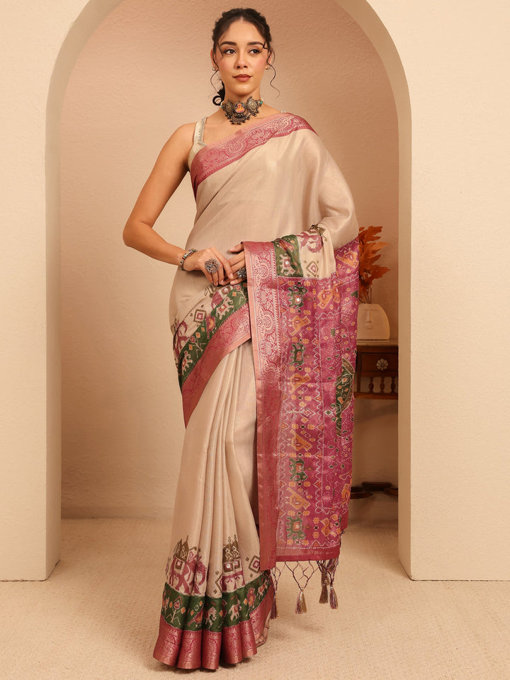 Libas Cream Patola Border Silk Blend Saree