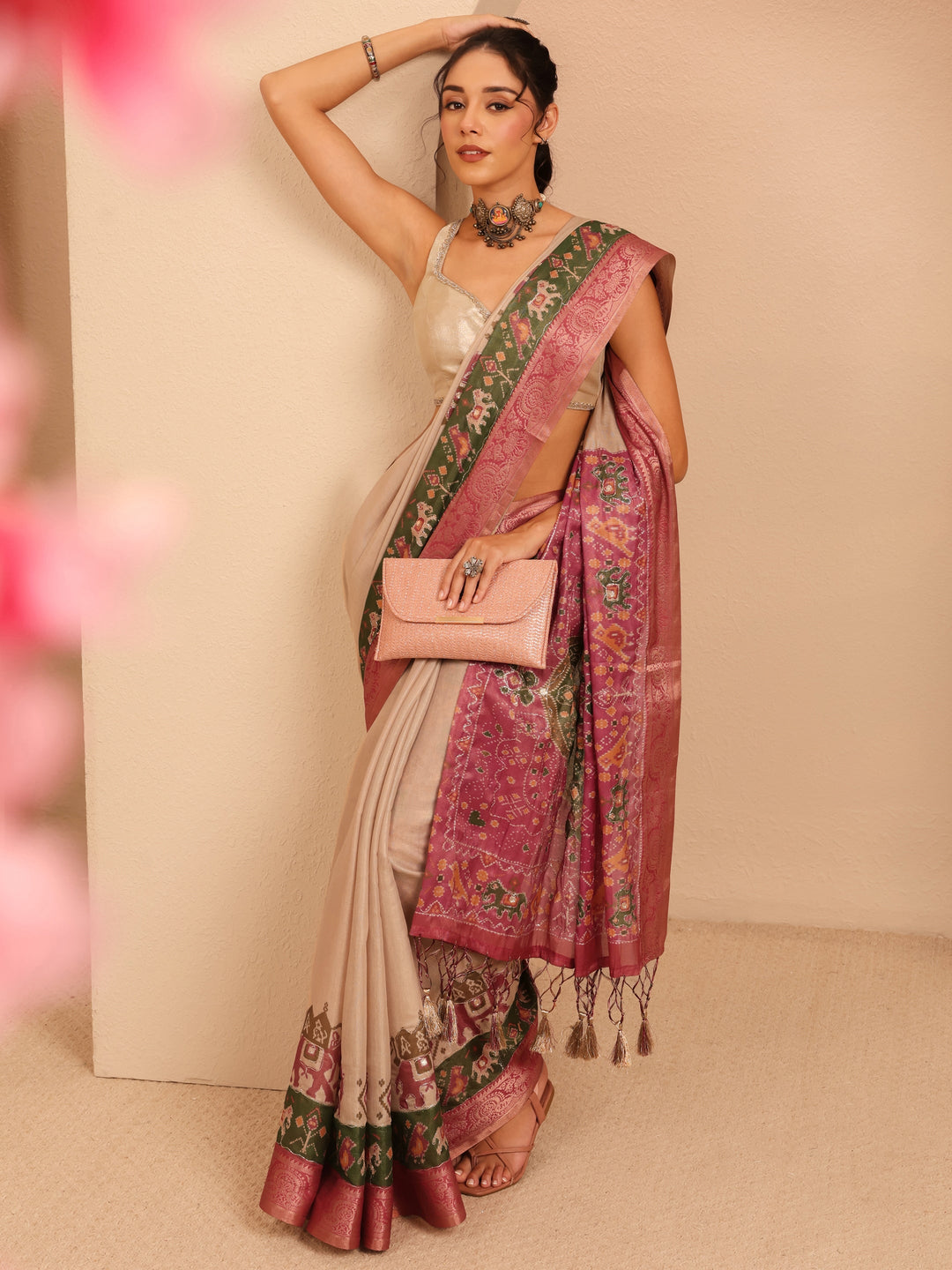Libas Cream Patola Border Silk Blend Saree