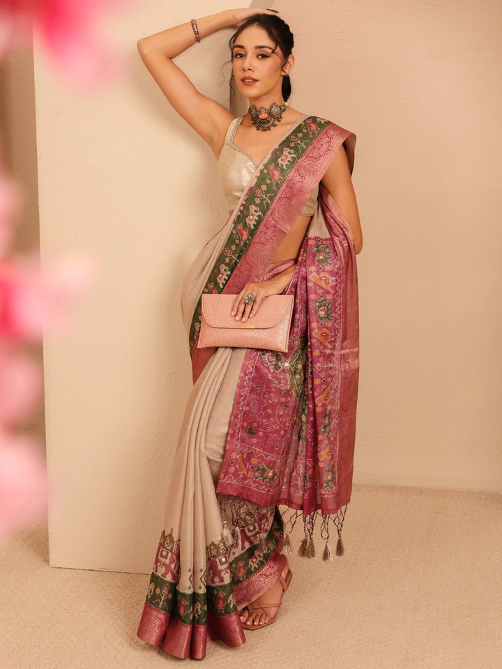 Libas Cream Patola Border Silk Blend Saree