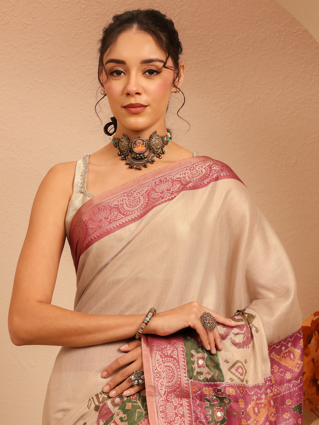 Libas Cream Patola Border Silk Blend Saree