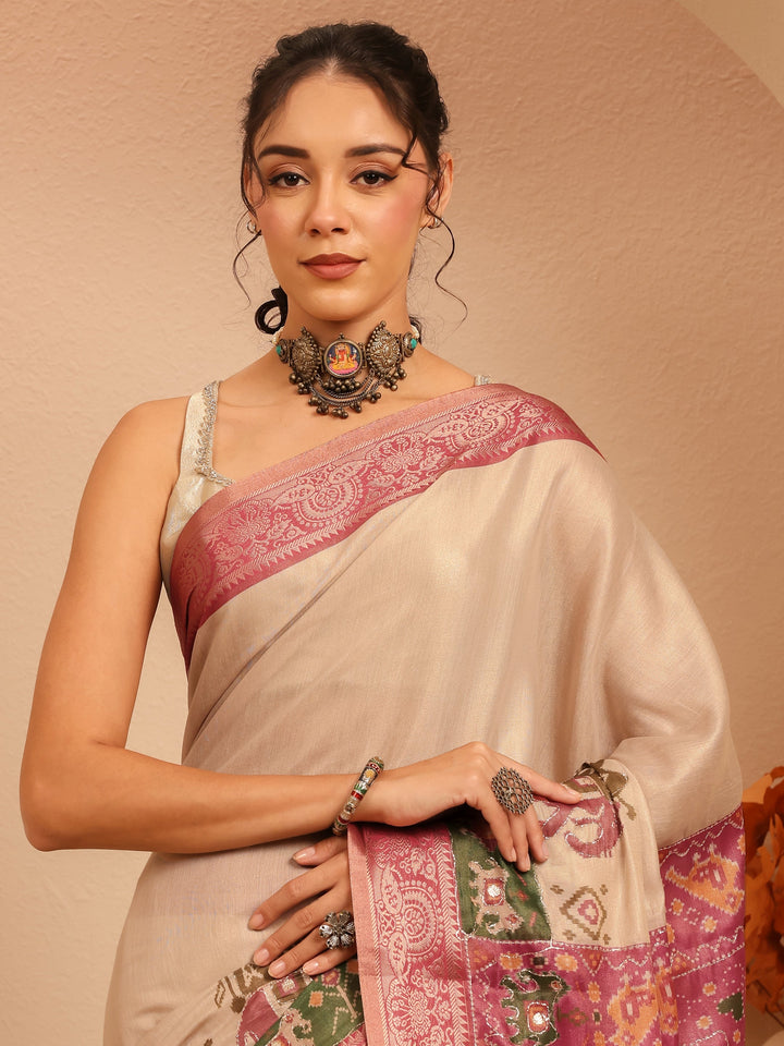 Libas Cream Patola Border Silk Blend Saree