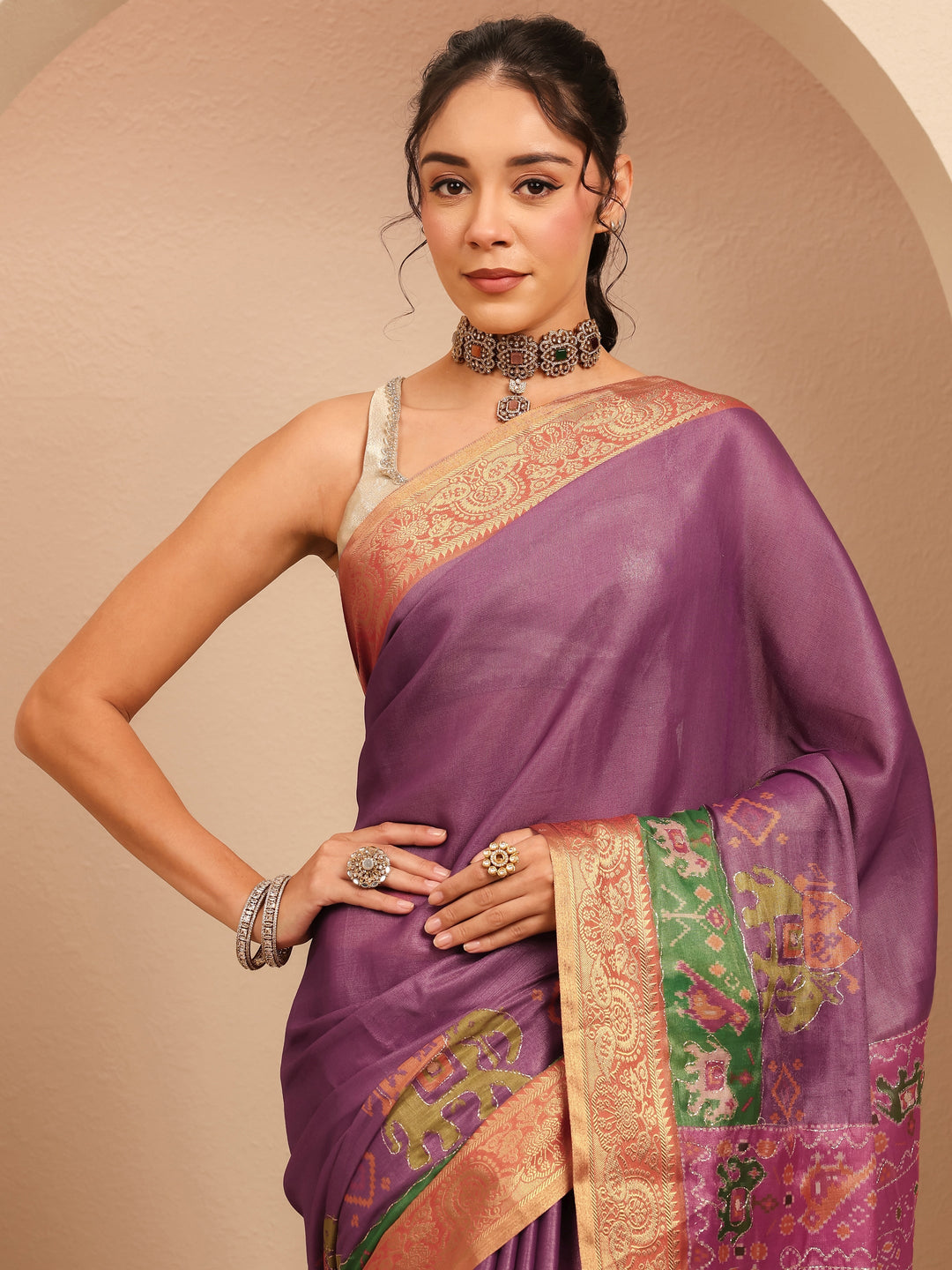Libas Purple Patola Border Silk Blend Saree