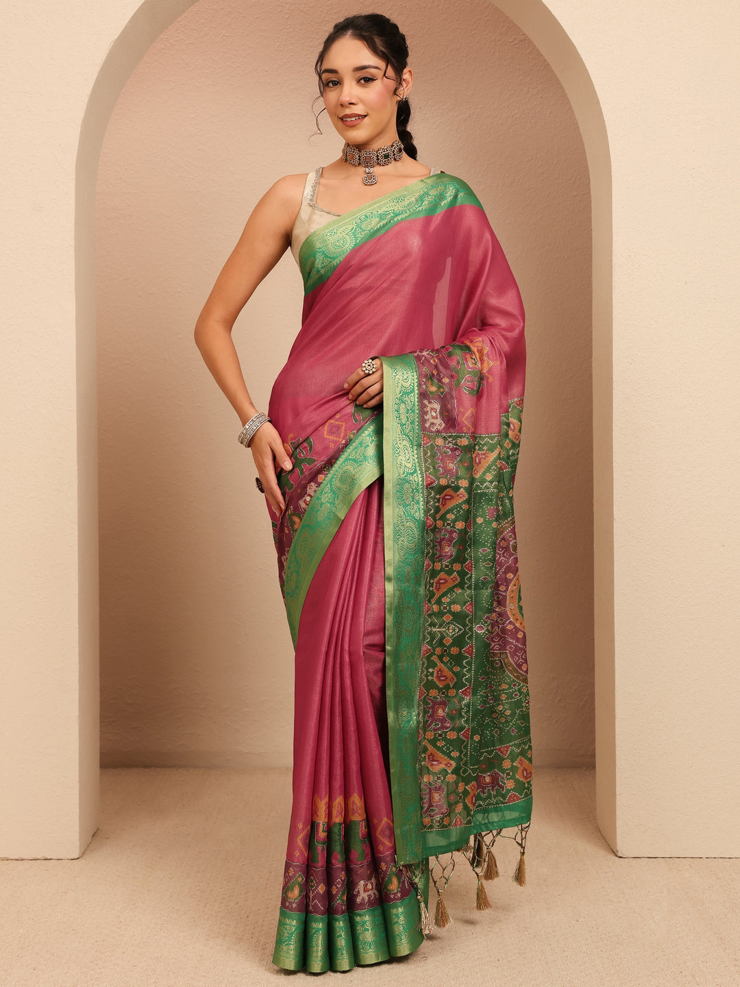 Libas Pink Patola Border Silk Blend Saree
