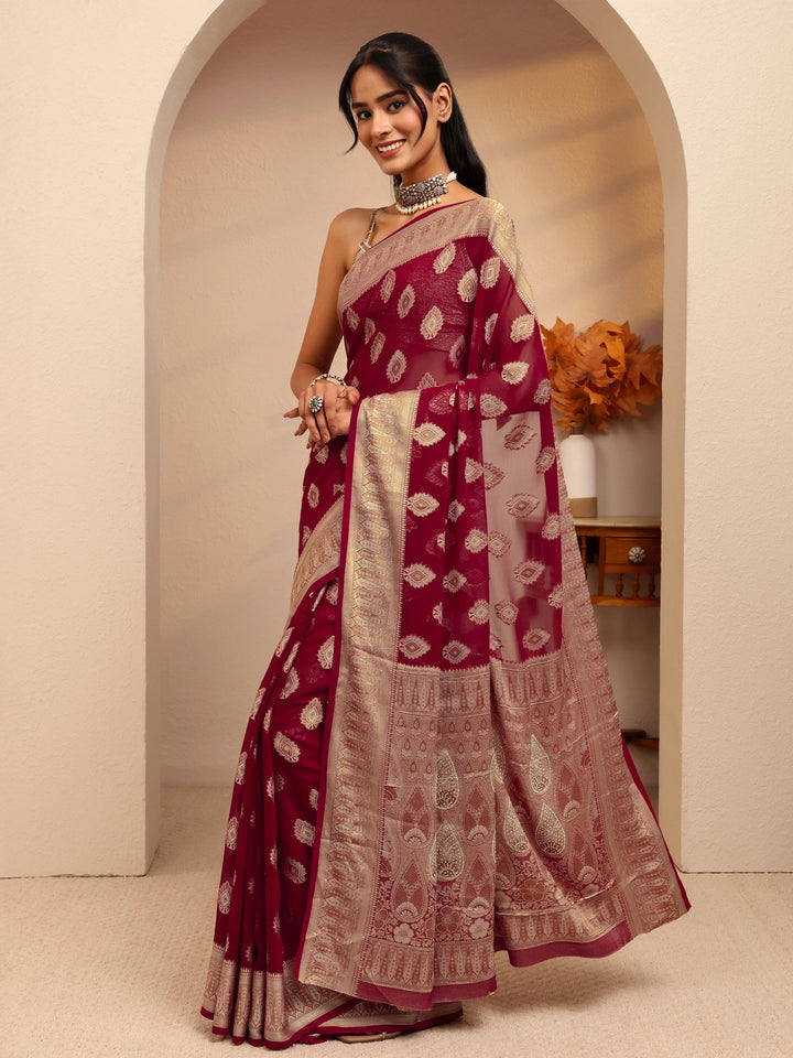 Libas Maroon Woven Design Chiffon Saree