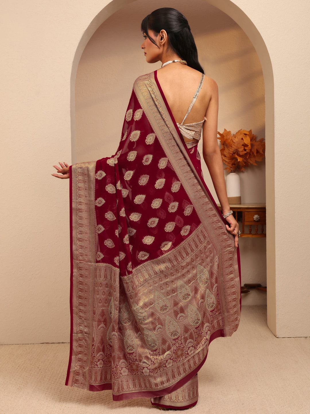 Libas Maroon Woven Design Chiffon Saree