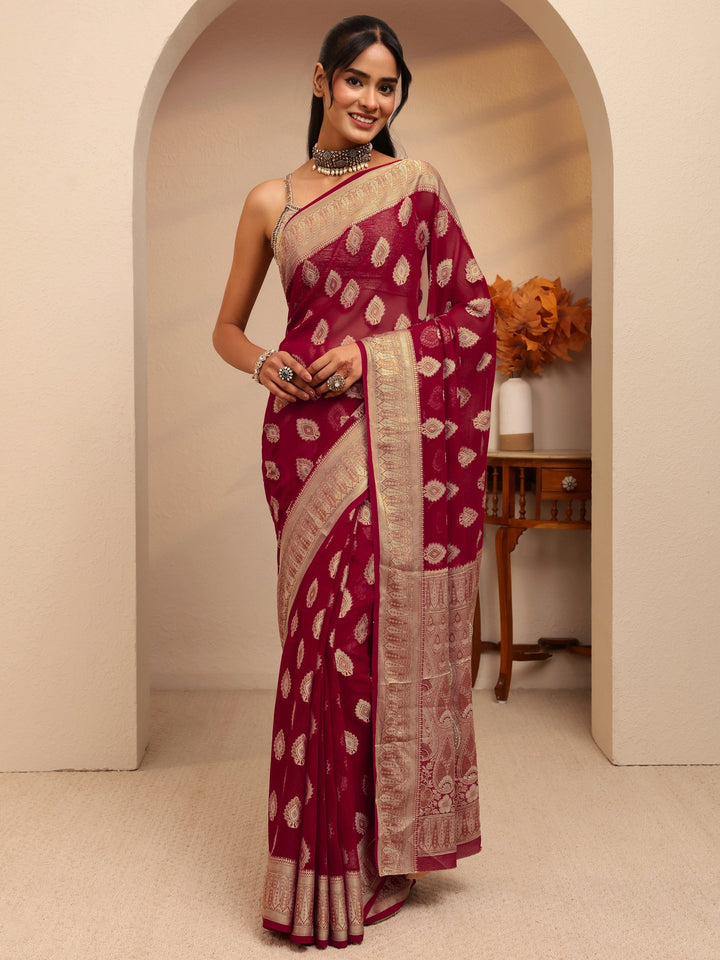 Libas Maroon Woven Design Chiffon Saree