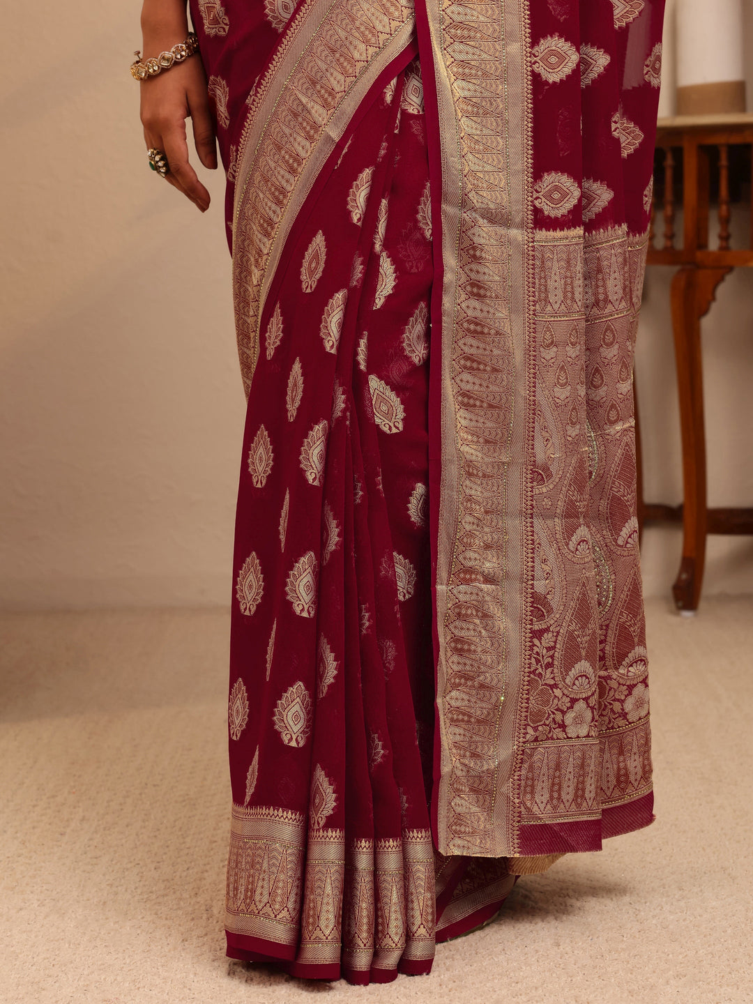 Libas Maroon Woven Design Chiffon Saree