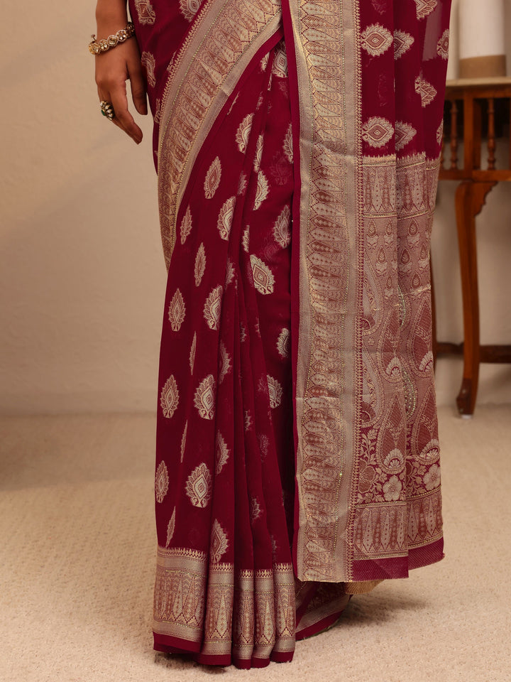 Libas Maroon Woven Design Chiffon Saree