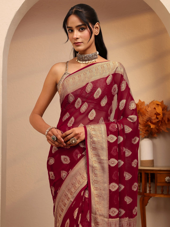 Libas Maroon Woven Design Chiffon Saree