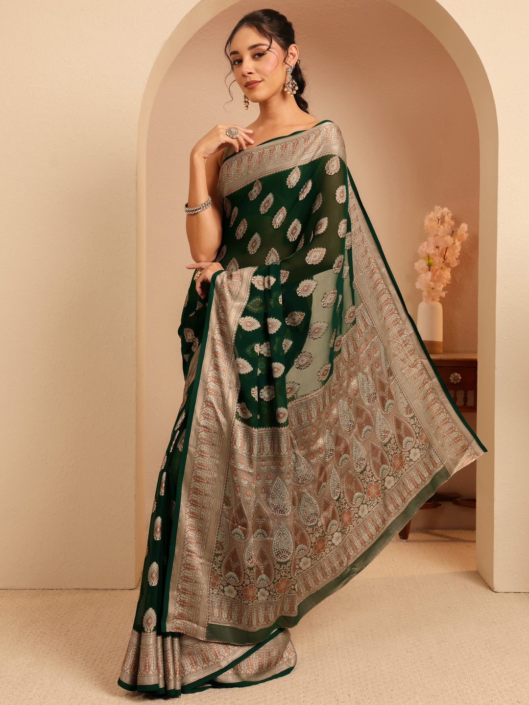 Libas Sacramento Green Woven Design Chiffon Saree