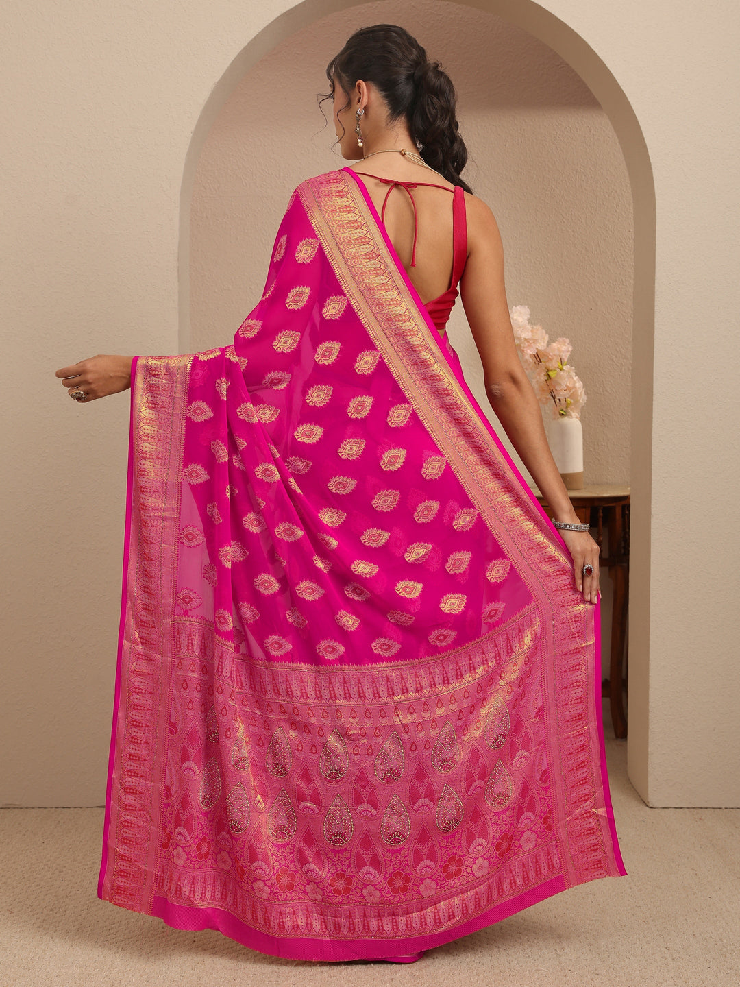 Libas Rani Pink Woven Design Chiffon Saree