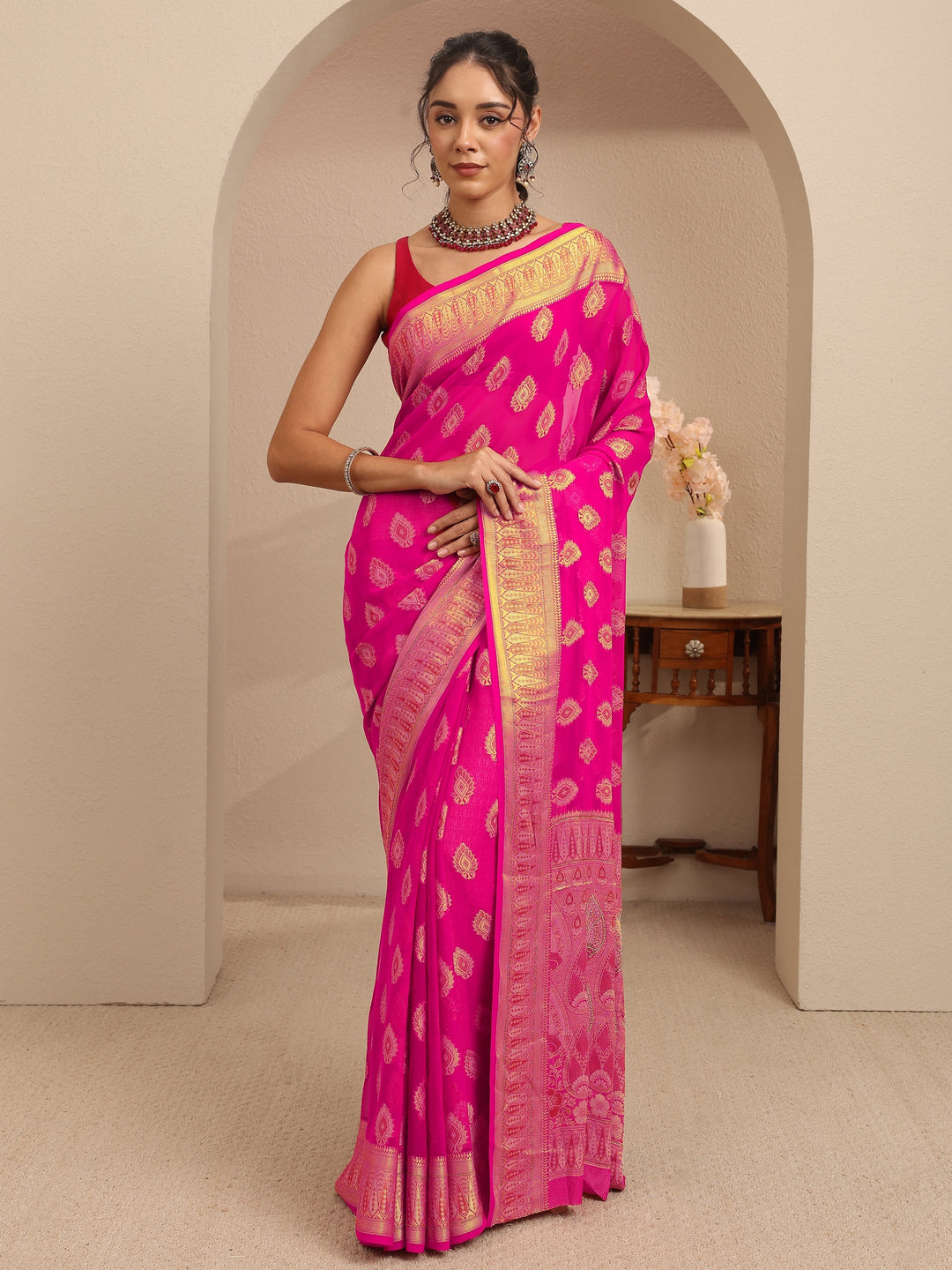 Libas Rani Pink Woven Design Chiffon Saree