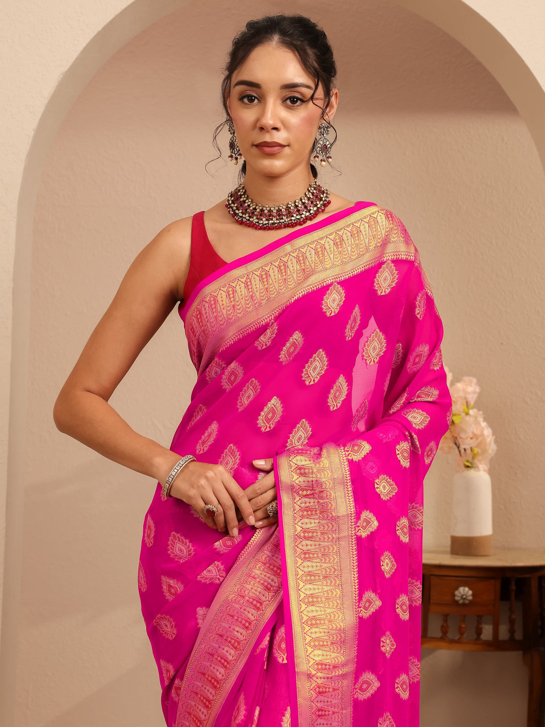 Libas Rani Pink Woven Design Chiffon Saree