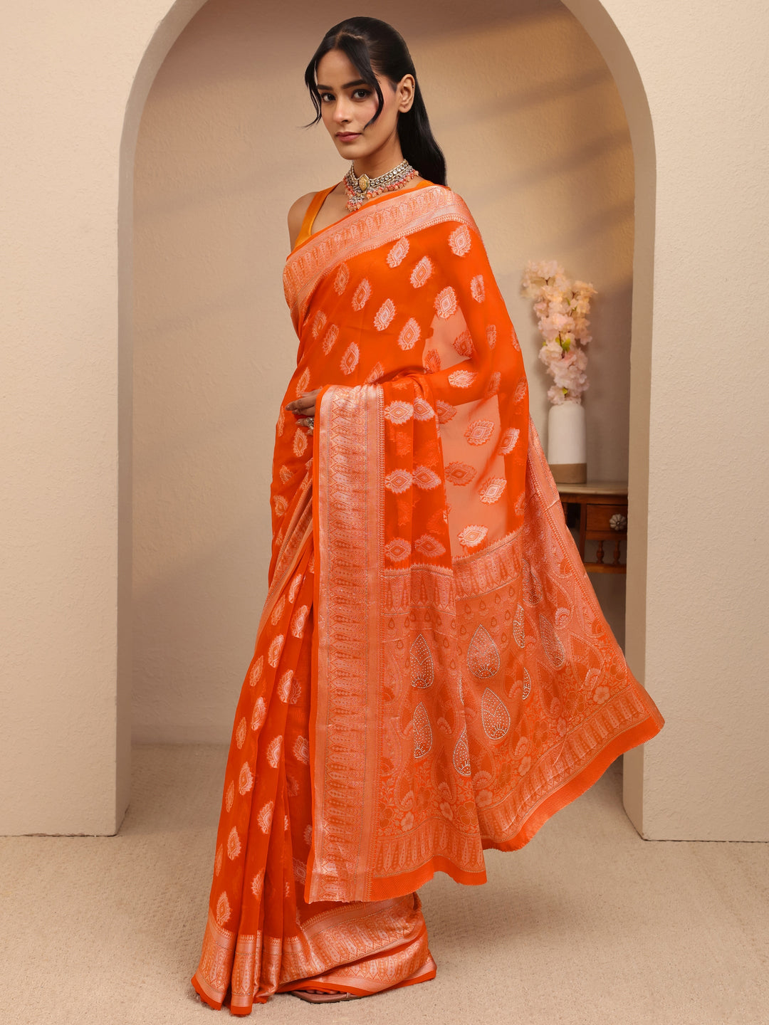 Libas Orange Woven Design Chiffon Saree